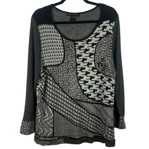 Elena Wang Angora Blend Mix Media Black Gray Scoop Neck Long Sleeve Knit XL Top